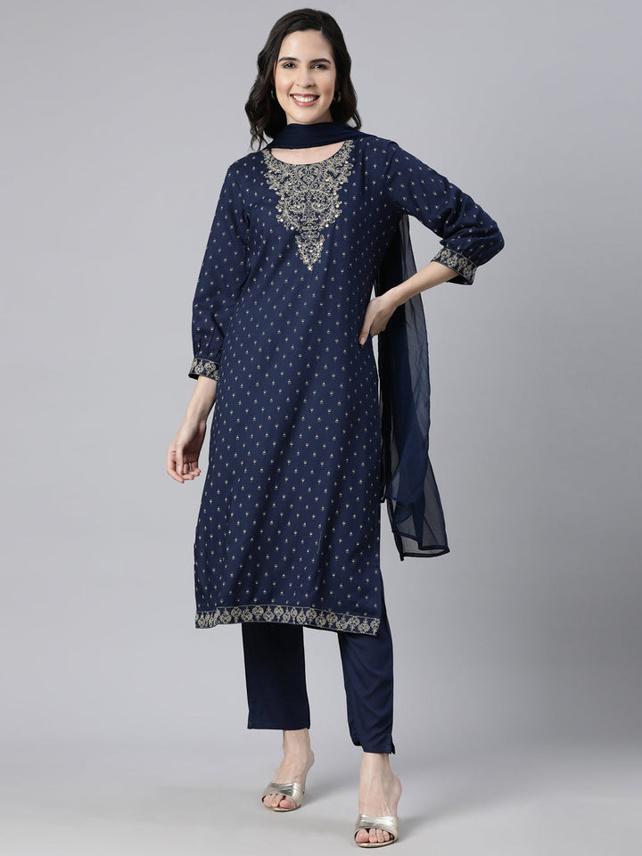 Neerus Navy Blue Regular Straight Floral Kurta And  Trousers With Dupatta