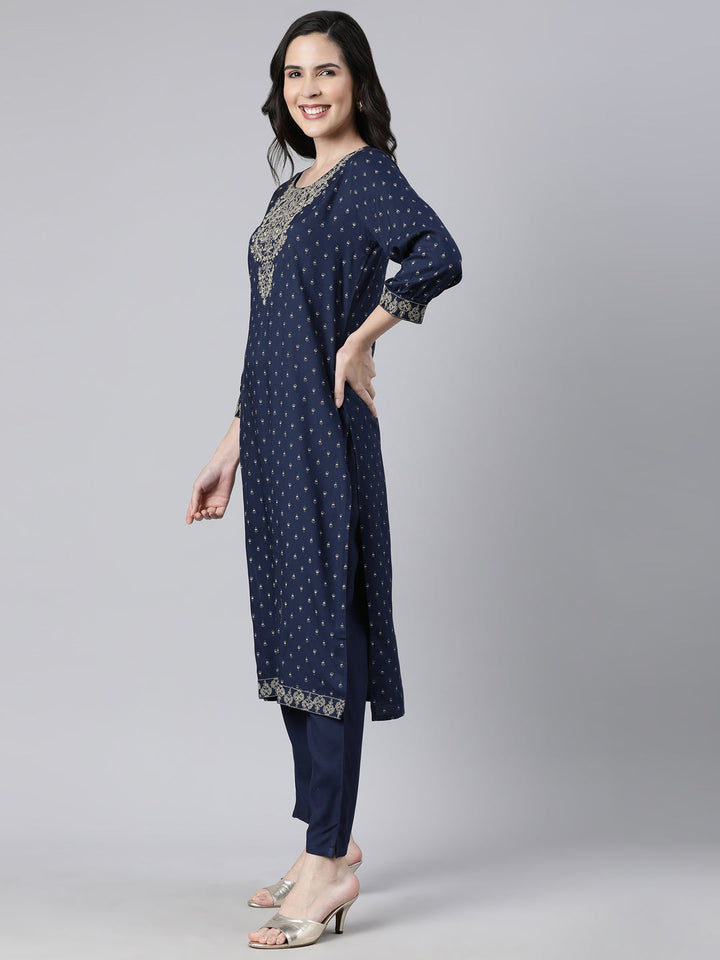 Neerus Navy Blue Regular Straight Floral Kurta And  Trousers With Dupatta