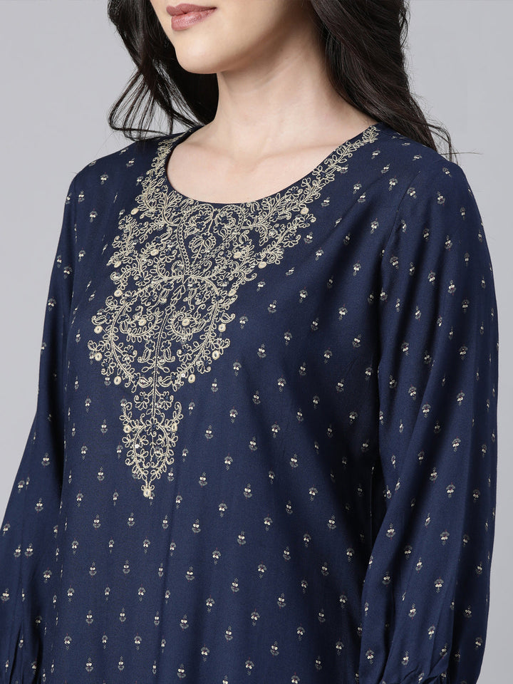 Neerus Navy Blue Regular Straight Floral Kurta And  Trousers With Dupatta
