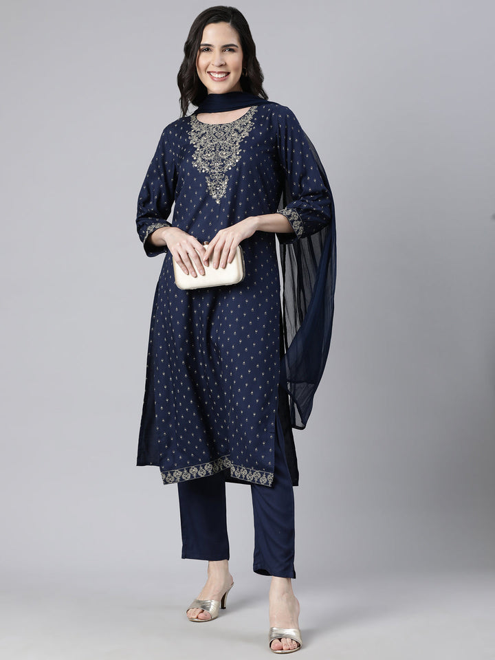 Neerus Navy Blue Regular Straight Floral Kurta And  Trousers With Dupatta