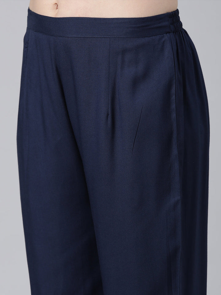 Neerus Navy Blue Regular Straight Floral Kurta And  Trousers With Dupatta