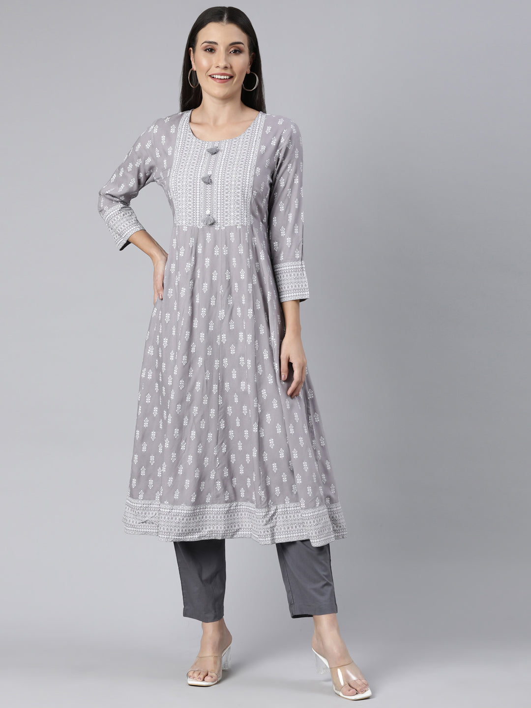 Neerus Grey floral printed anarkali kurti - front view