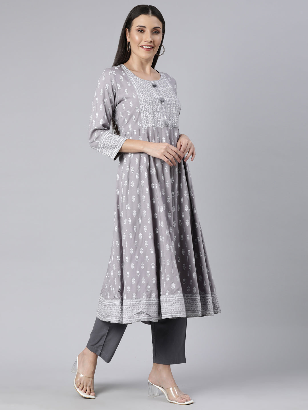Neerus Grey floral printed anarkali kurti - back view