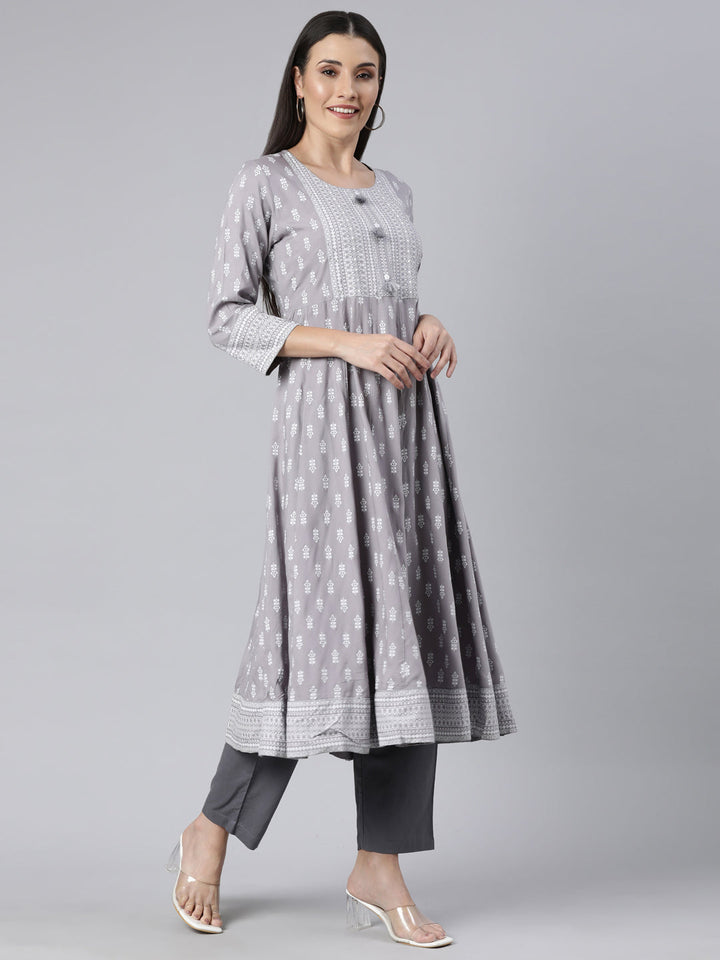 Neerus Grey floral printed anarkali kurti - back view