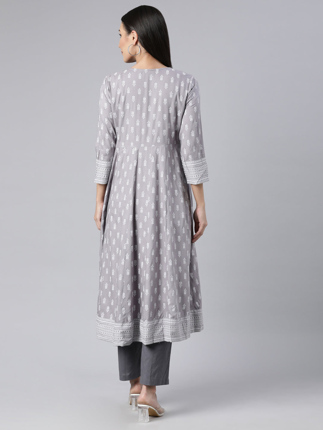 Neerus Grey floral printed anarkali kurti - side view