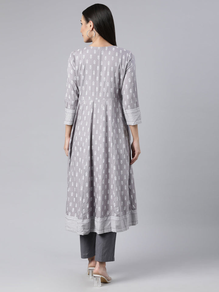 Neerus Grey floral printed anarkali kurti - side view