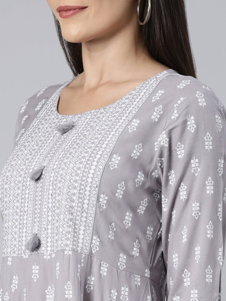 Neerus Grey floral printed anarkali kurti - detail view 1