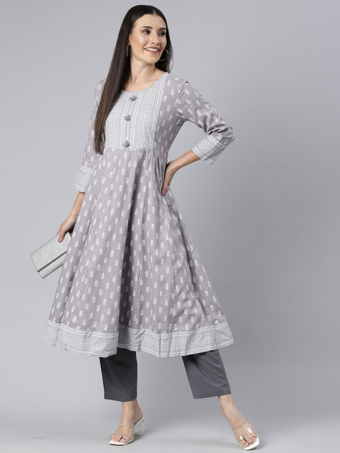 Neerus Grey floral printed anarkali kurti - detail view 2