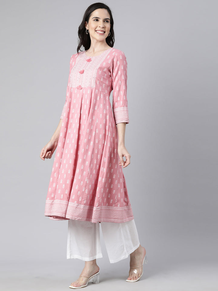 Neerus Pink floral printed anarkali kurti - back view