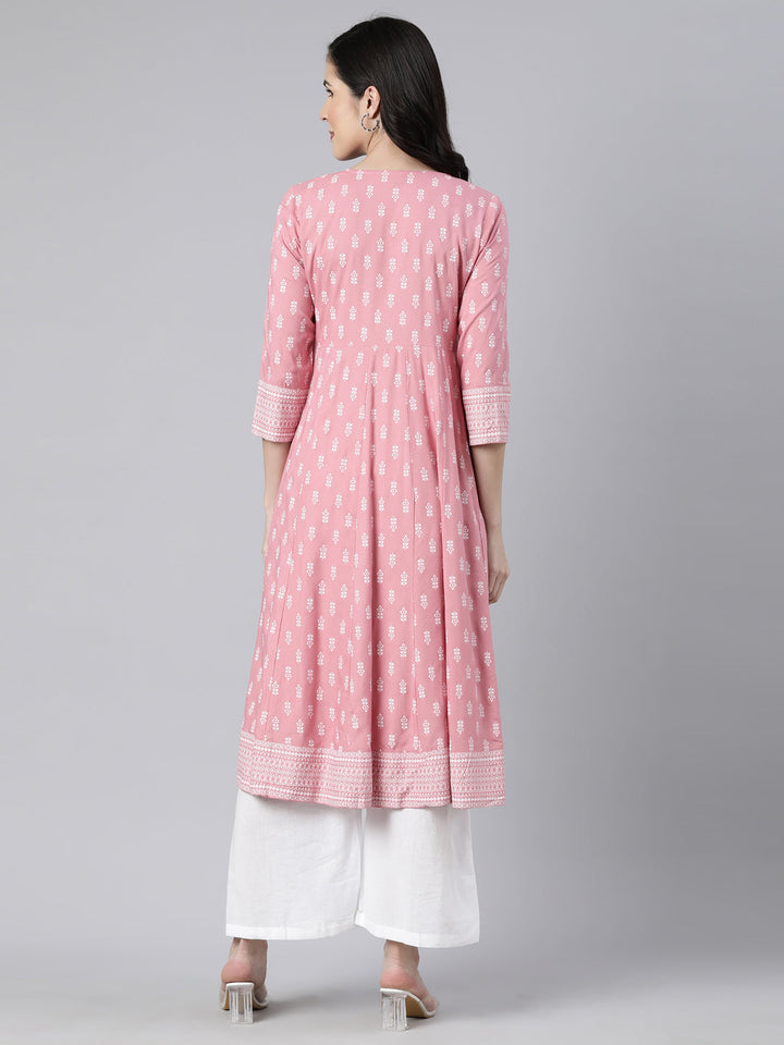 Neerus Pink floral printed anarkali kurti - side view