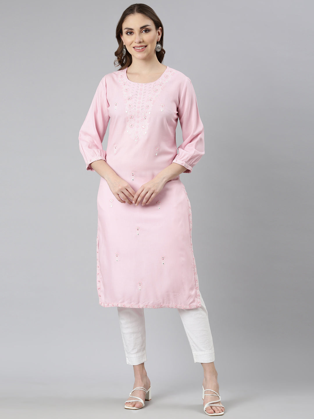 Neerus Pink rayon printed floral straight kurti - front view