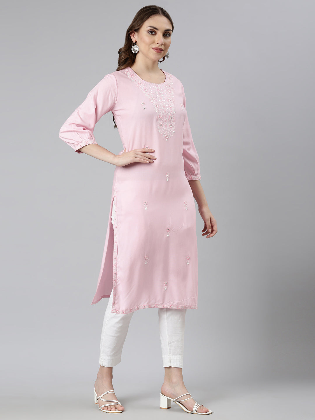Neerus Pink rayon printed floral straight kurti - back view