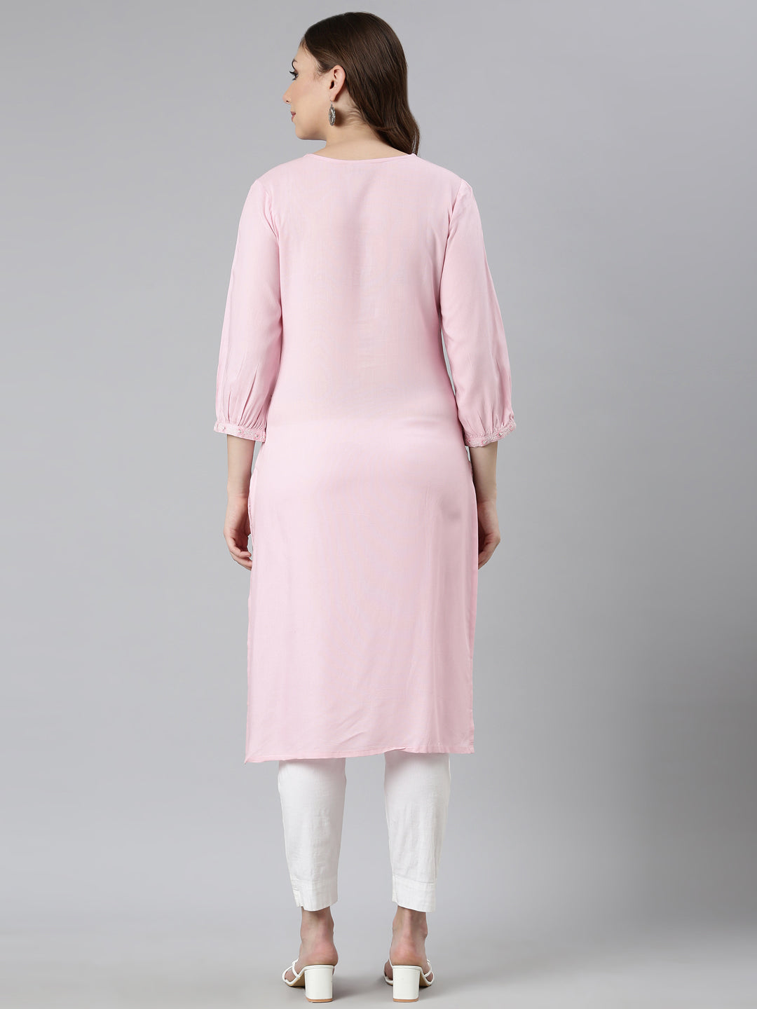 Neerus Pink rayon printed floral straight kurti - side view