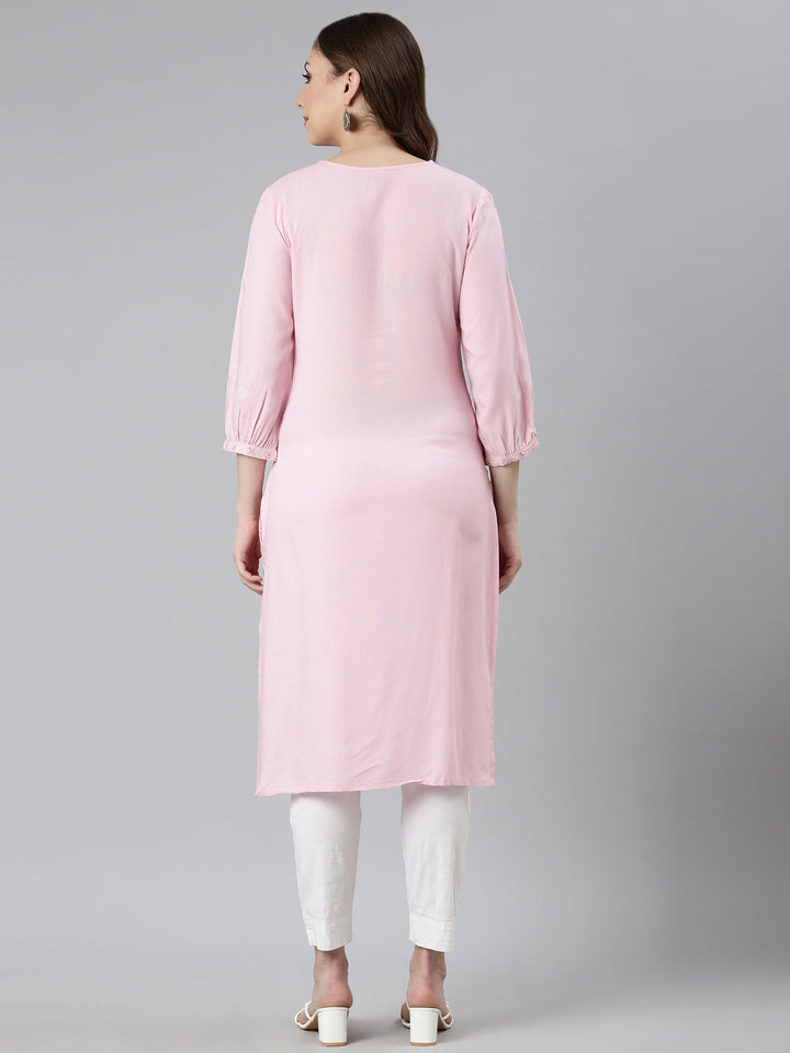 Neerus Pink rayon printed floral straight kurti - side view
