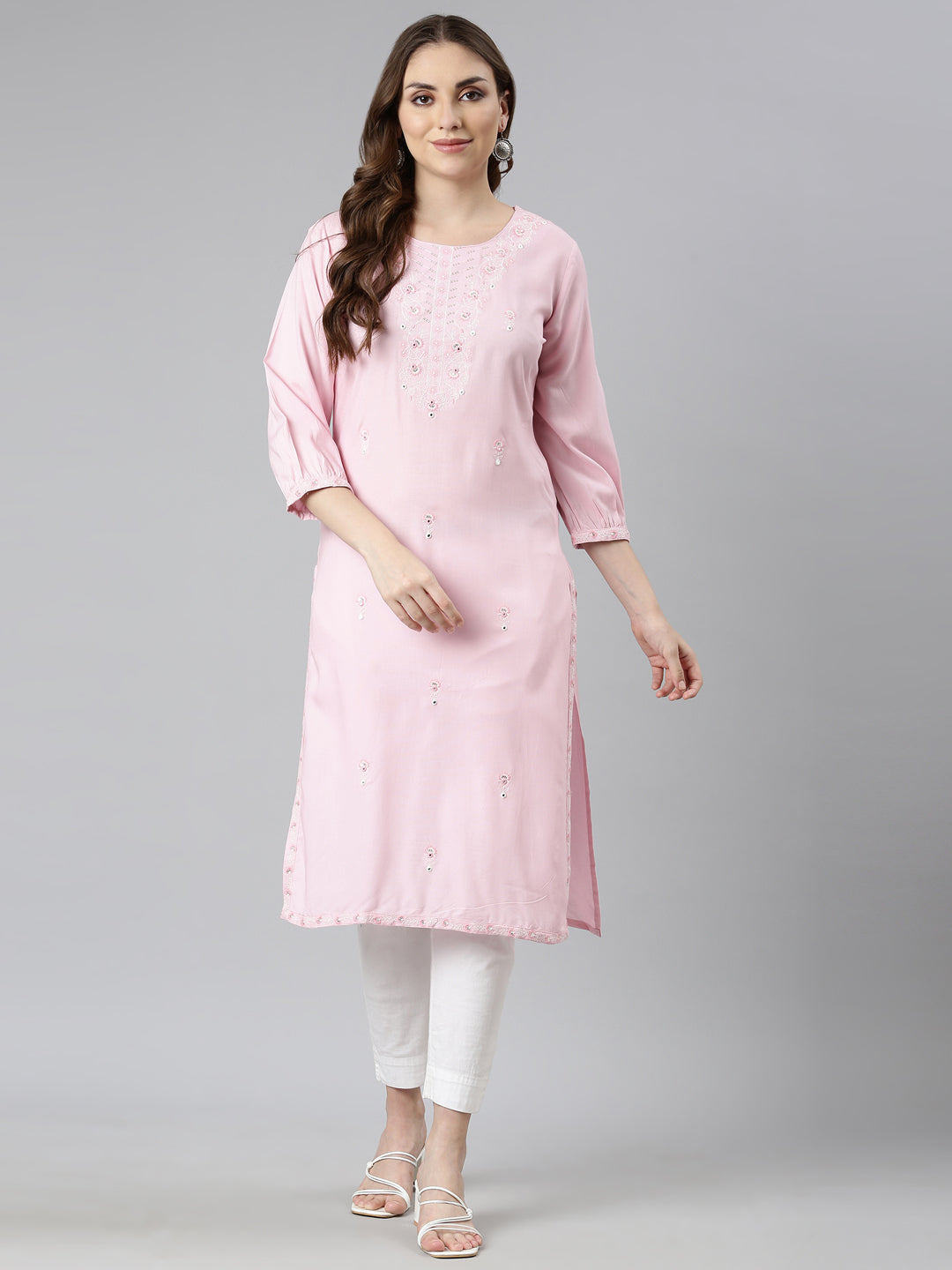 Neerus Pink rayon printed floral straight kurti - detail view 1