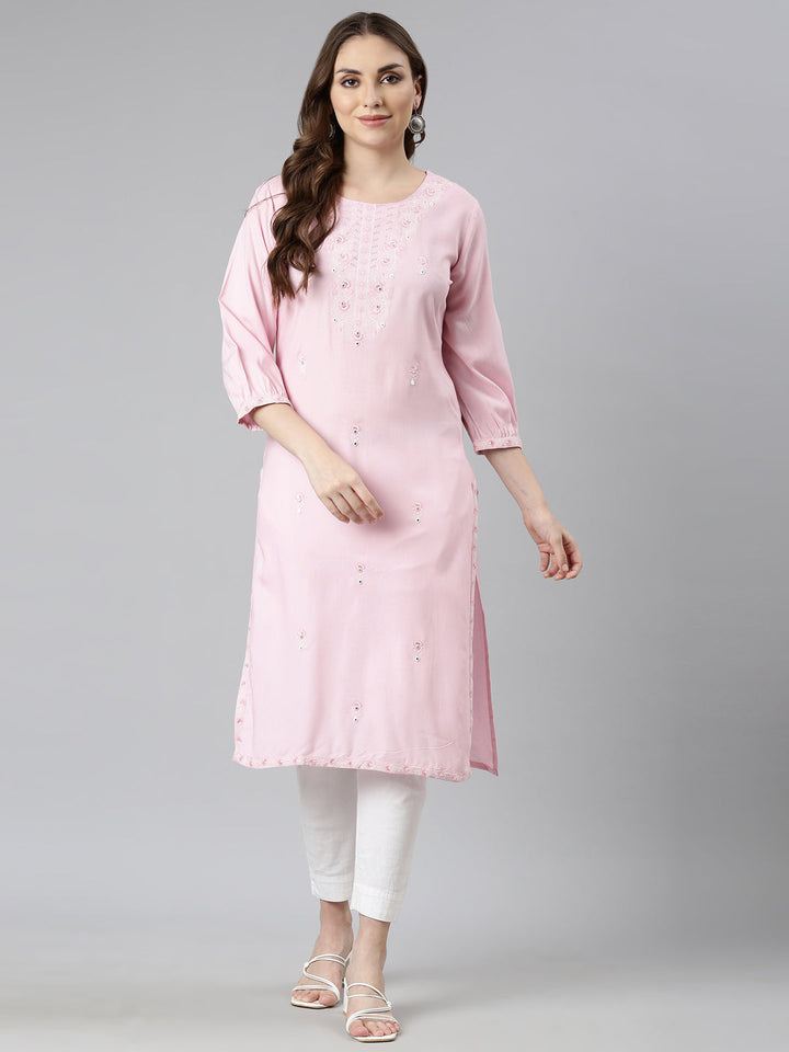 Neerus Pink rayon printed floral straight kurti - detail view 1
