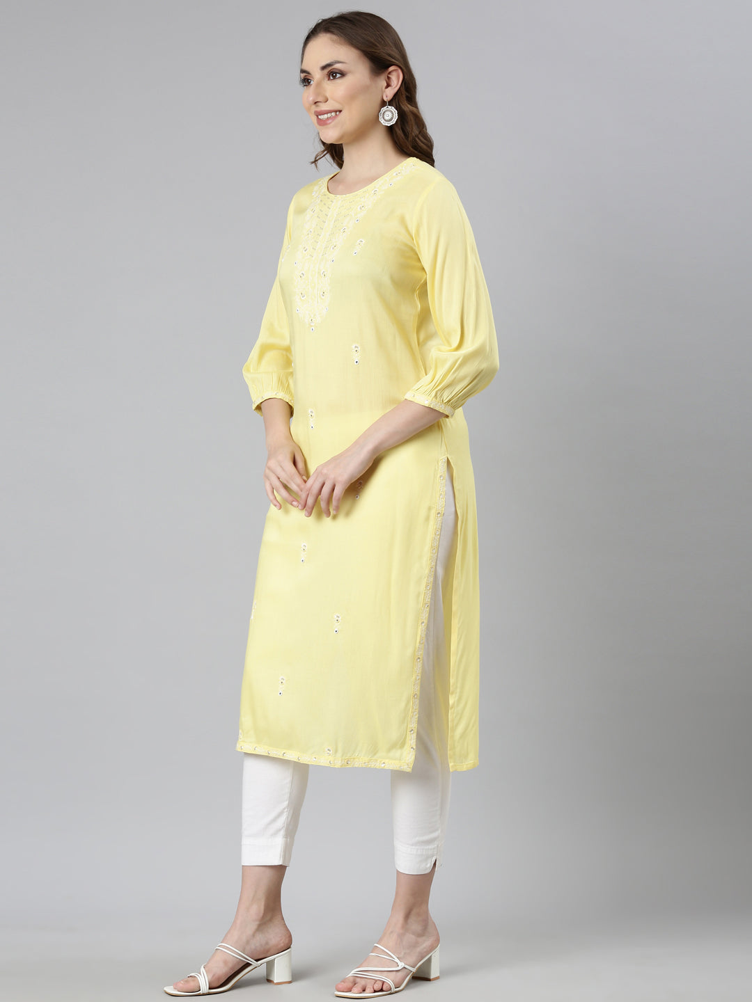 Neerus Yellow rayon printed straight kurti - back view