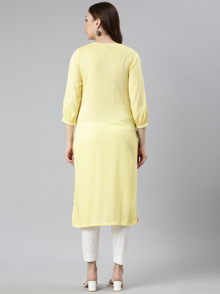 Neerus Yellow rayon printed straight kurti - side view