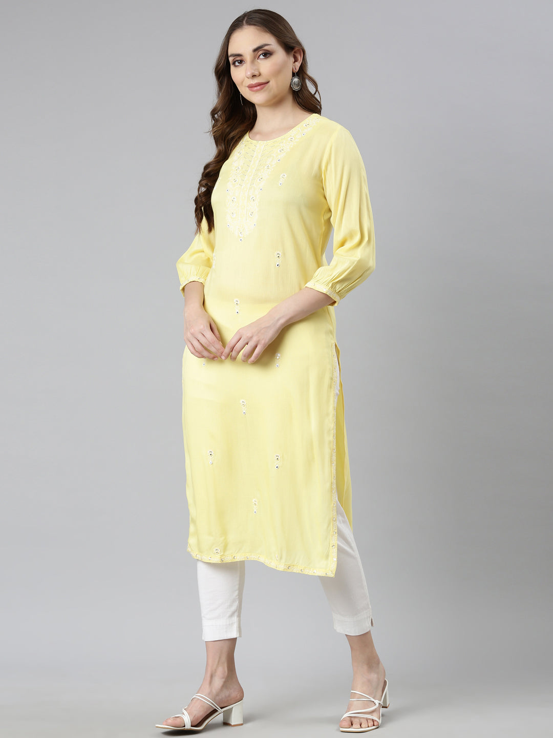 Neerus Yellow rayon printed straight kurti - detail view 1