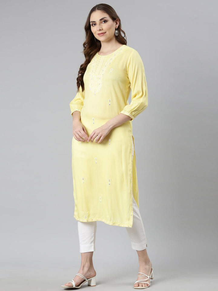 Neerus Yellow rayon printed straight kurti - detail view 1