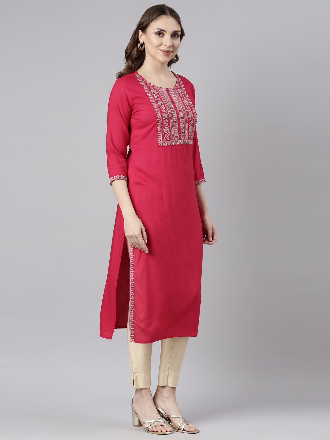 Neerus Pink rayon solid straight panelled kurti - back view
