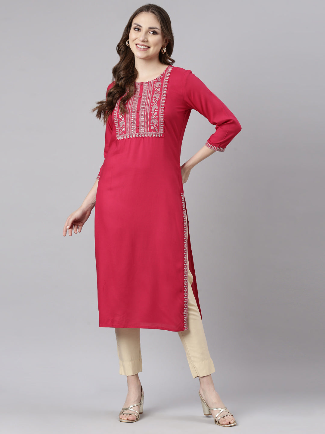 Neerus Pink rayon solid straight panelled kurti - detail view 1