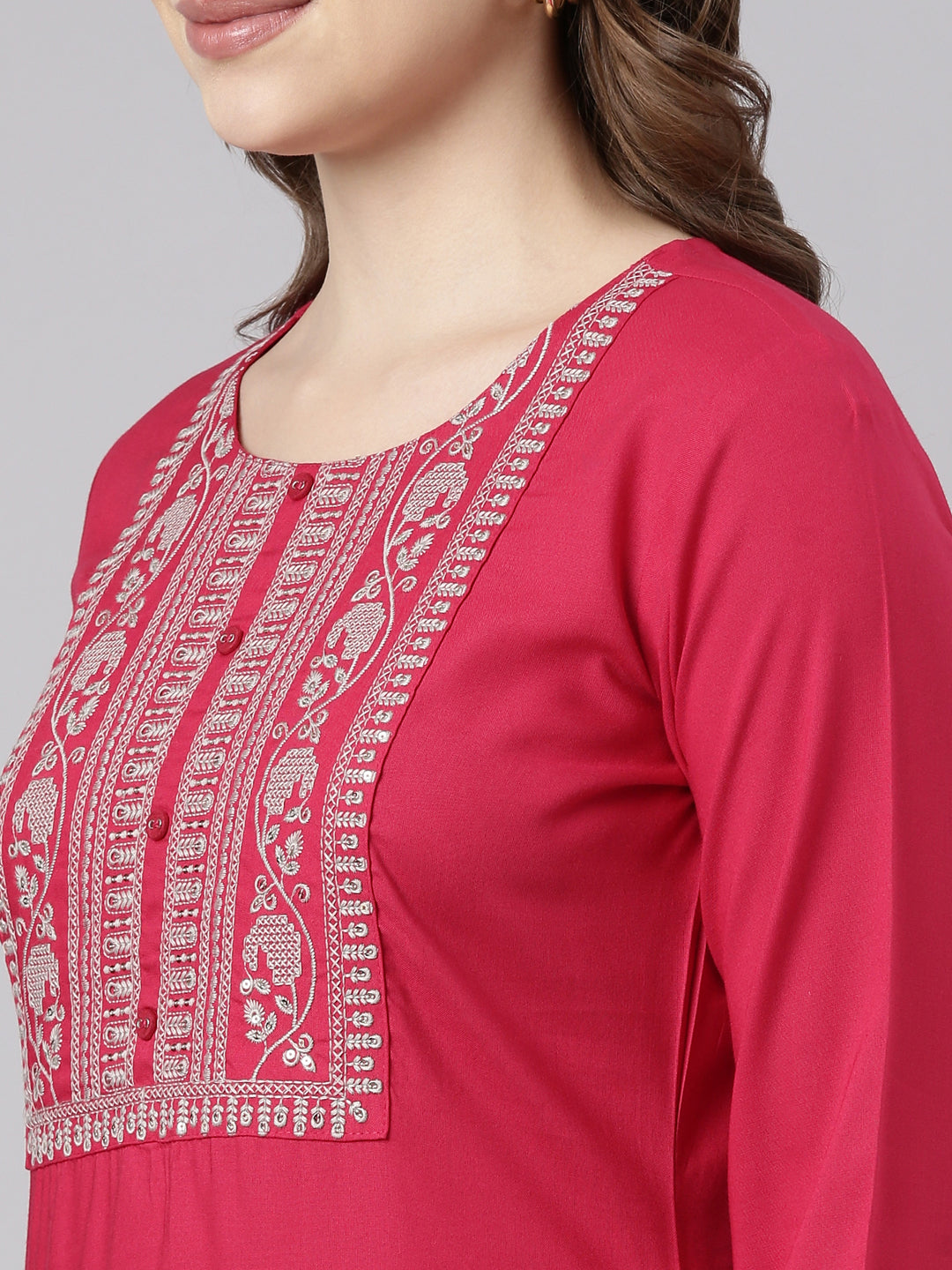 Neerus Pink rayon solid straight panelled kurti - detail view 2