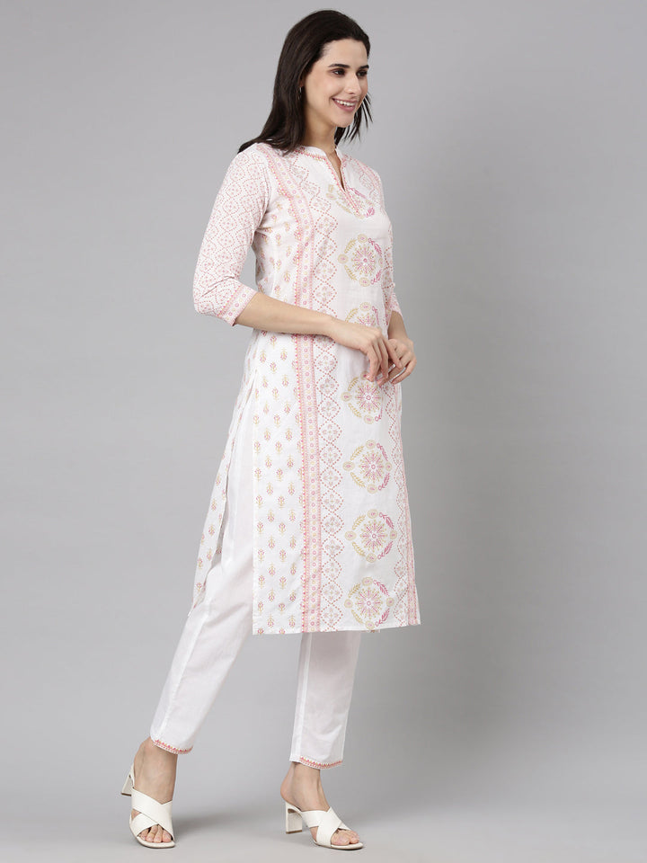 Neerus Pink cotton printed floral suit set - back view