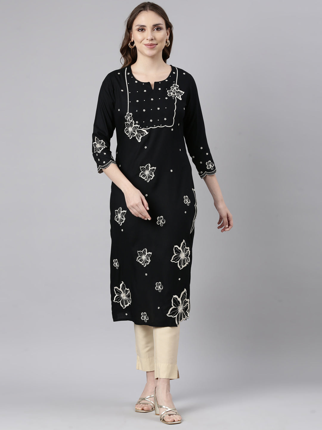 Neerus Black floral printed panelled kurti - front view