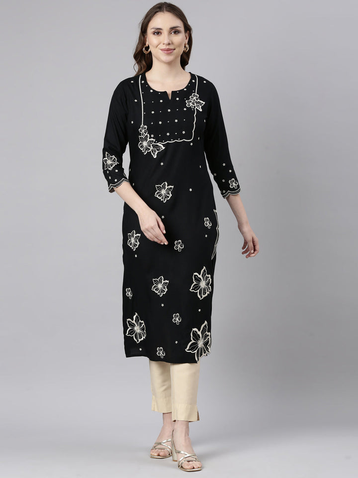 Neerus Black floral printed panelled kurti - front view