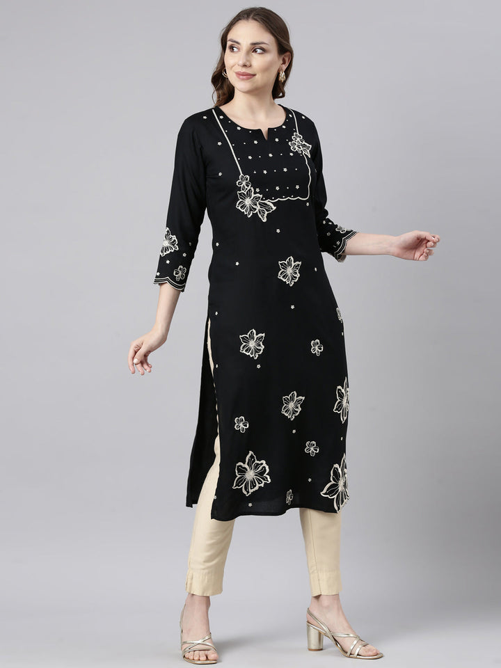 Neerus Black floral printed panelled kurti - back view