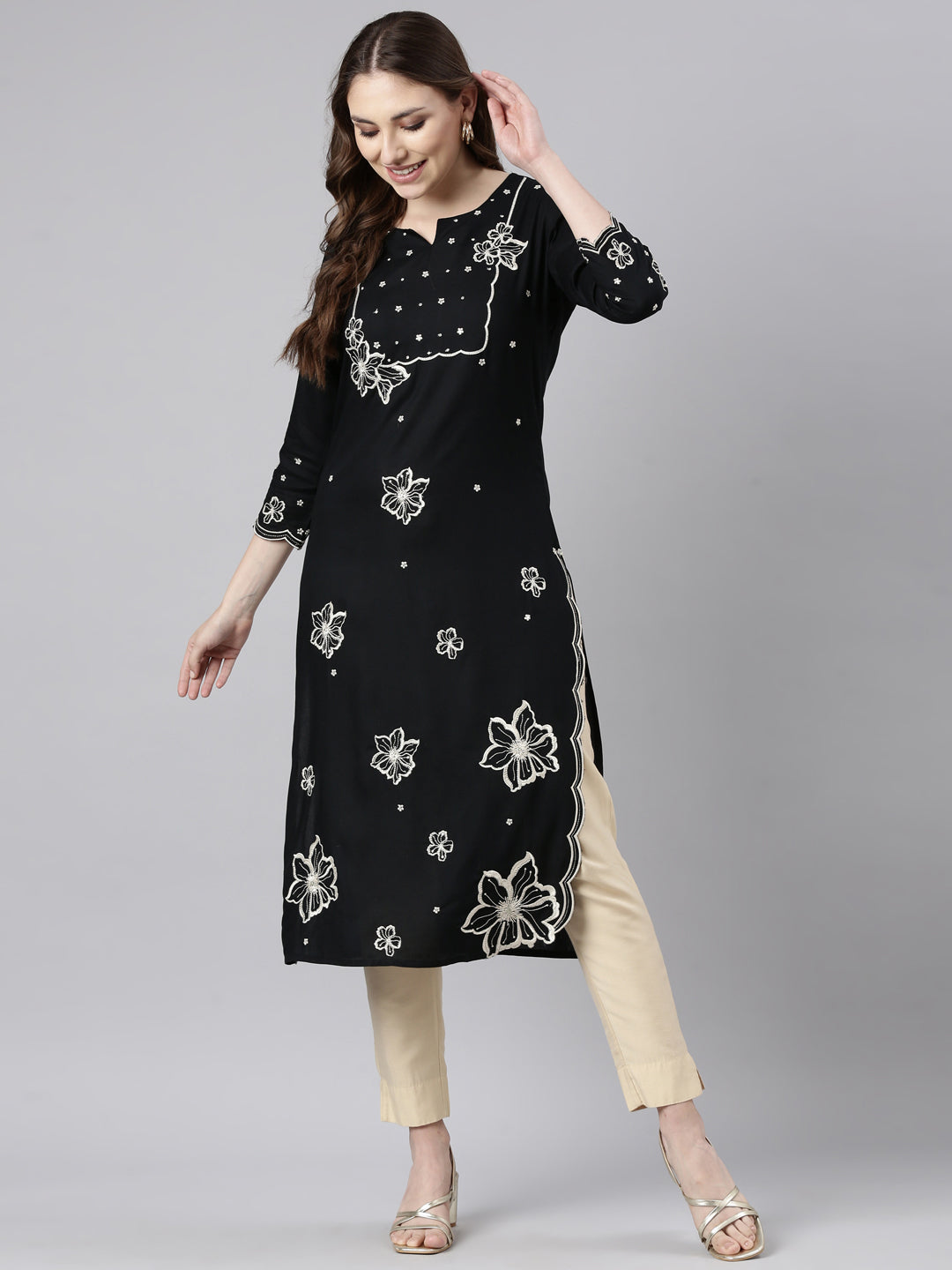 Neerus Black floral printed panelled kurti - detail view 2