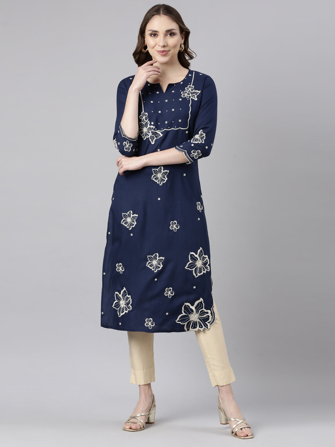 Neerus Blue floral printed straight kurti - front view