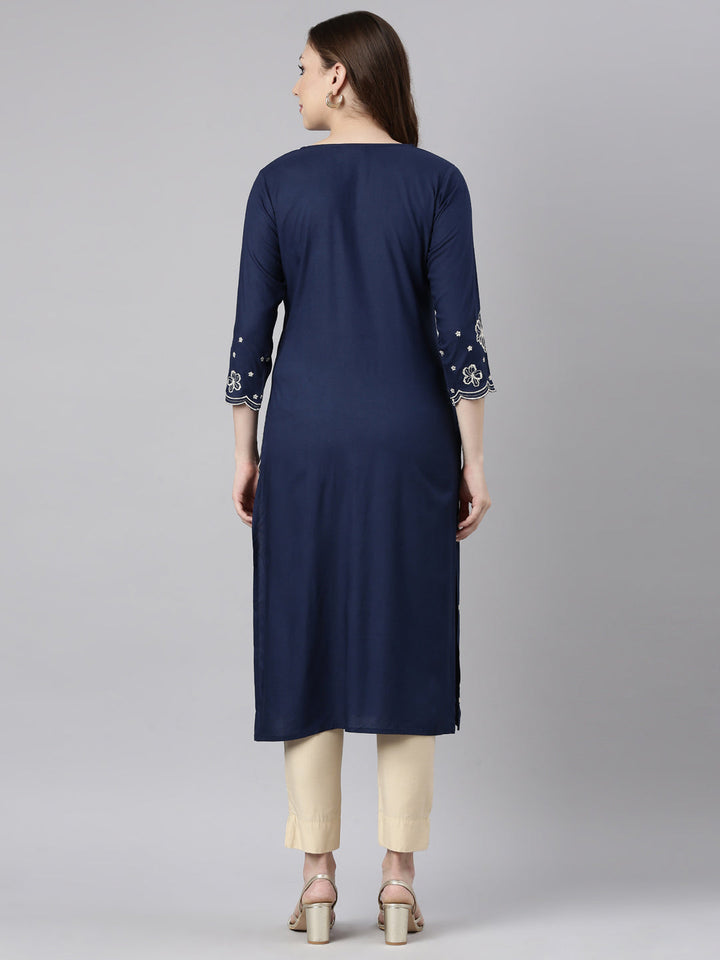 Neerus Blue floral printed straight kurti - side view