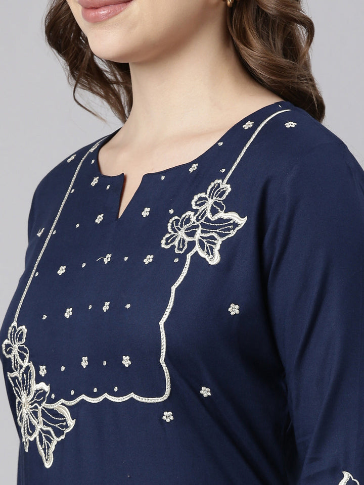 Neerus Blue floral printed straight kurti - detail view 1