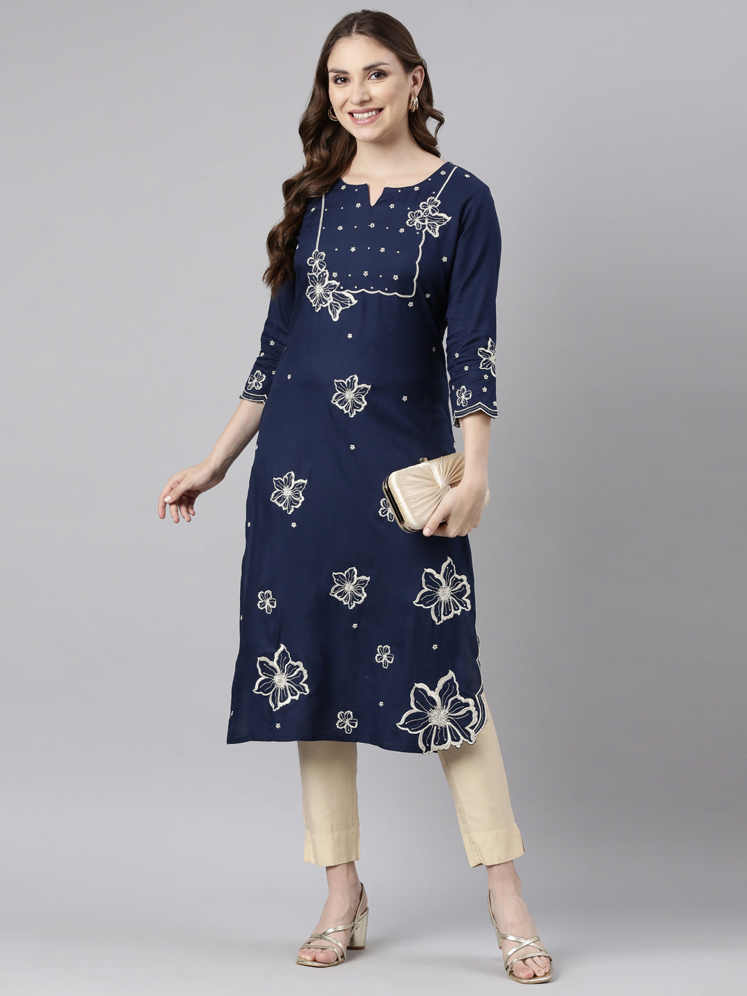 Neerus Blue floral printed straight kurti - detail view 2