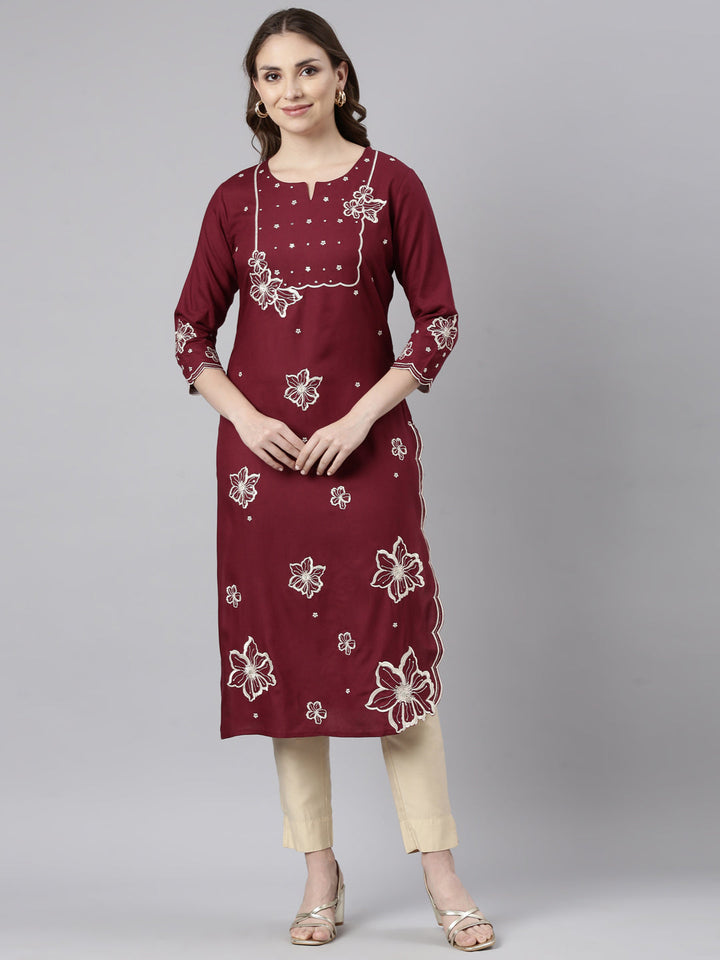 Neerus Maroon floral printed straight kurti - front view