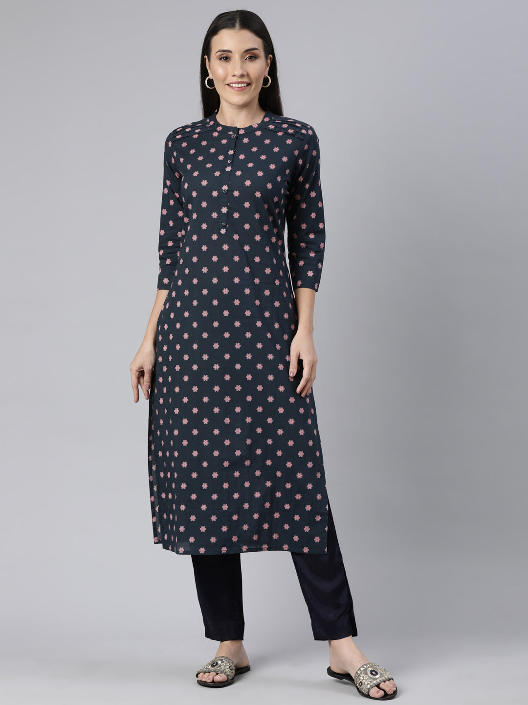 Neerus Pink cotton printed floral straight kurti - front view