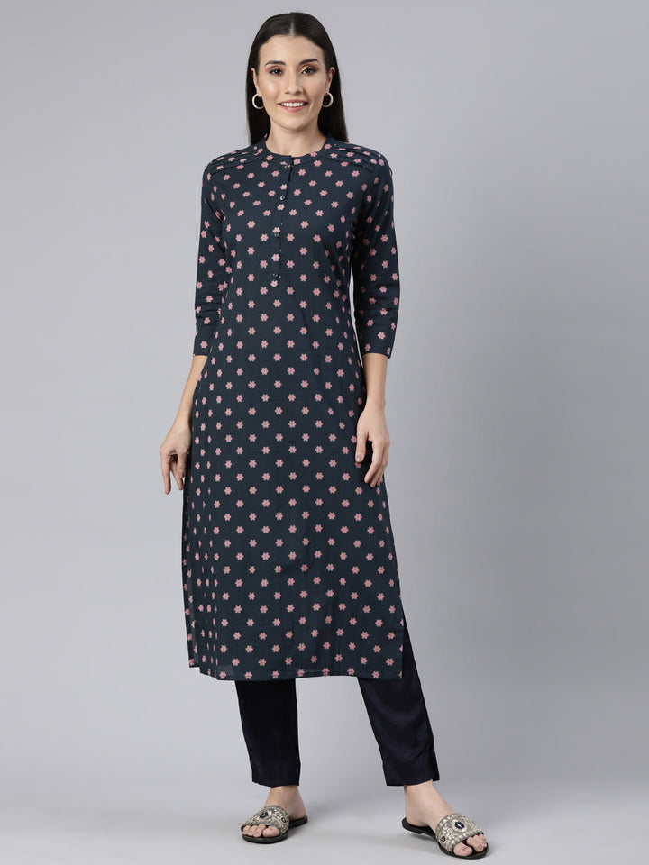 Neerus Pink cotton printed floral straight kurti - front view