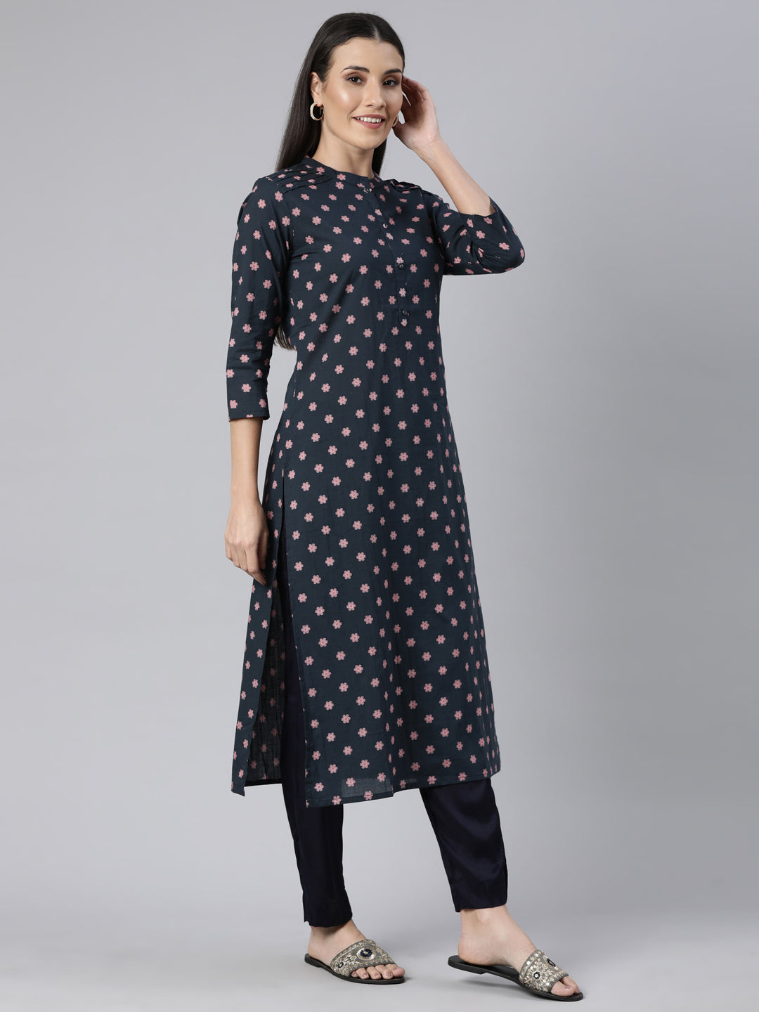 Neerus Pink cotton printed floral straight kurti - back view