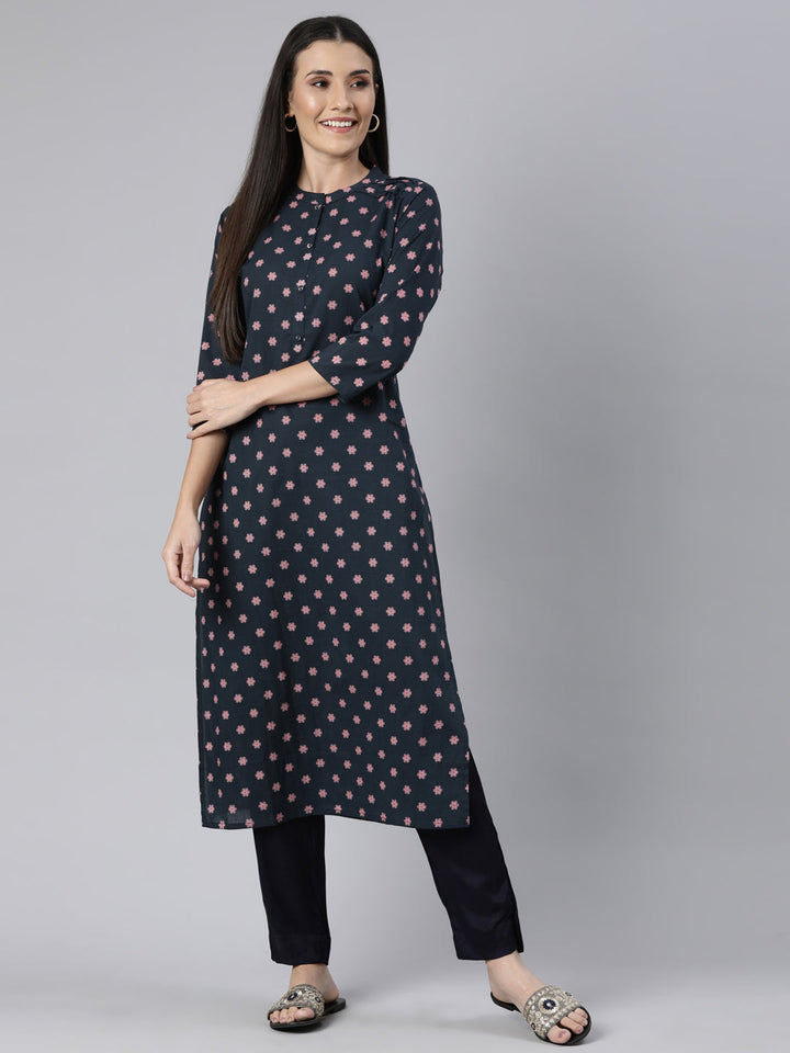 Neerus Pink cotton printed floral straight kurti - detail view 1