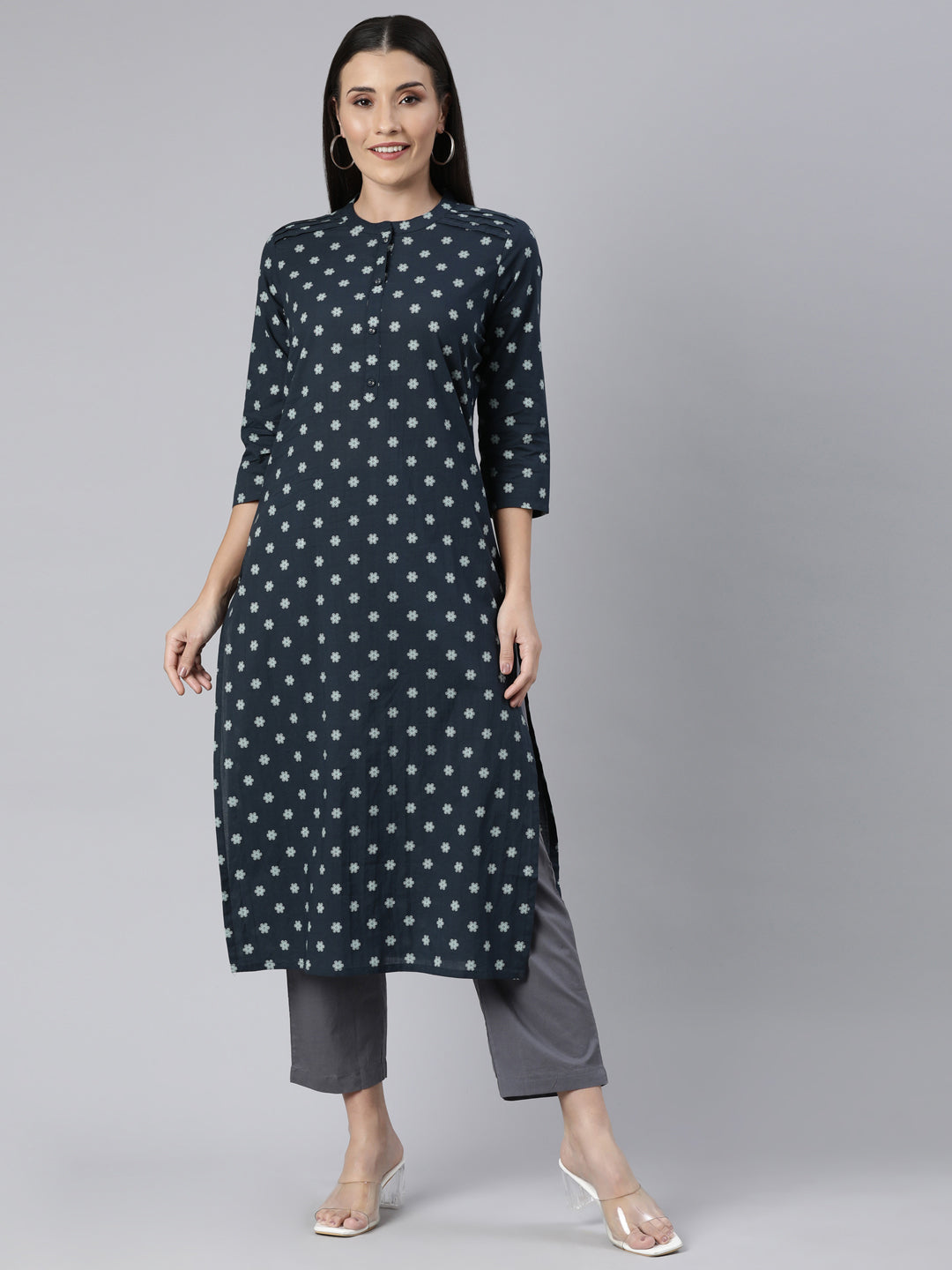Neerus Blue cotton printed straight kurti panelled floral - front view