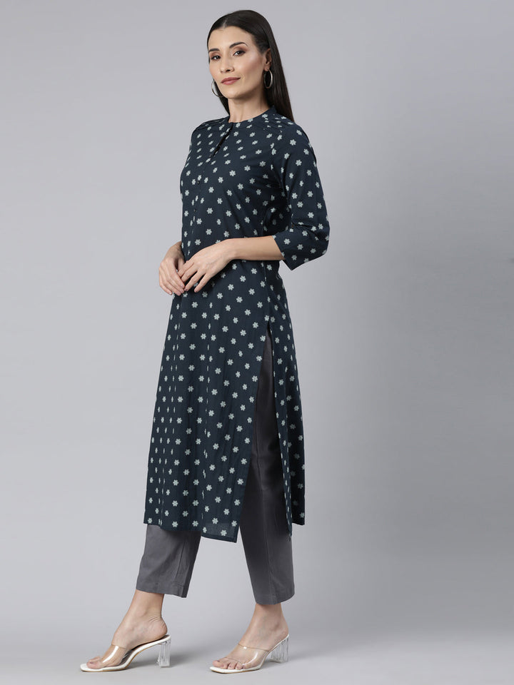 Neerus Blue cotton printed straight kurti panelled floral - back view
