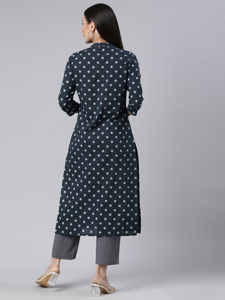 Neerus Blue cotton printed straight kurti panelled floral - side view