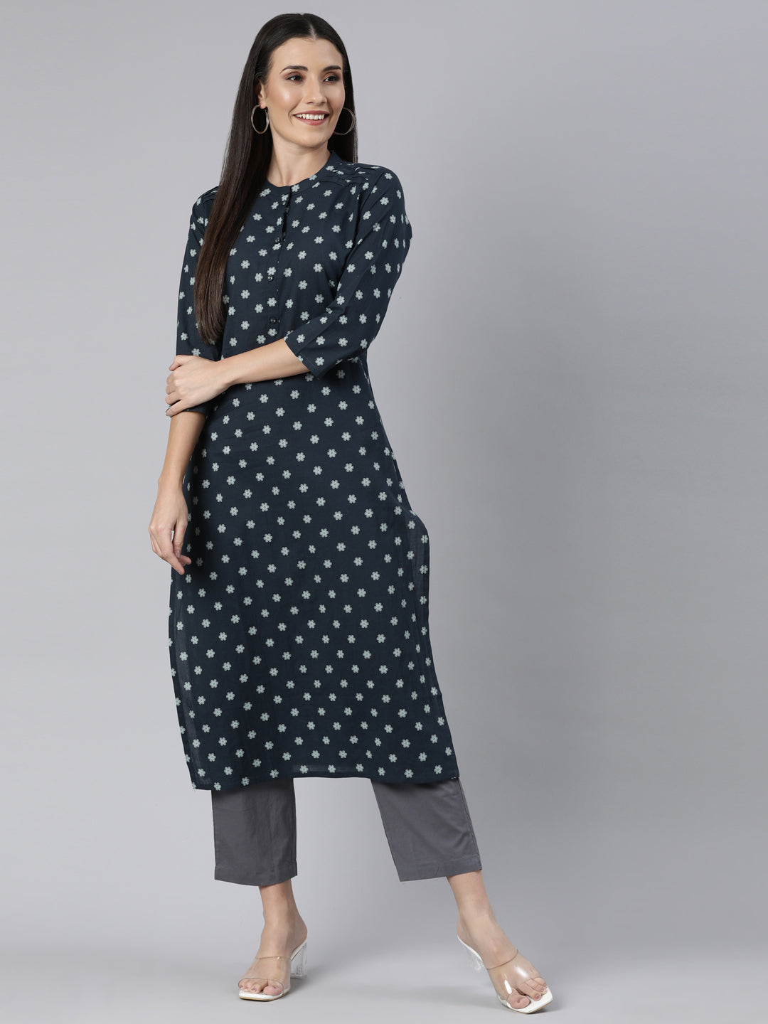 Neerus Blue cotton printed straight kurti panelled floral - detail view 1