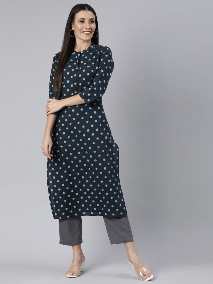 Neerus Blue cotton printed straight kurti panelled floral - detail view 1