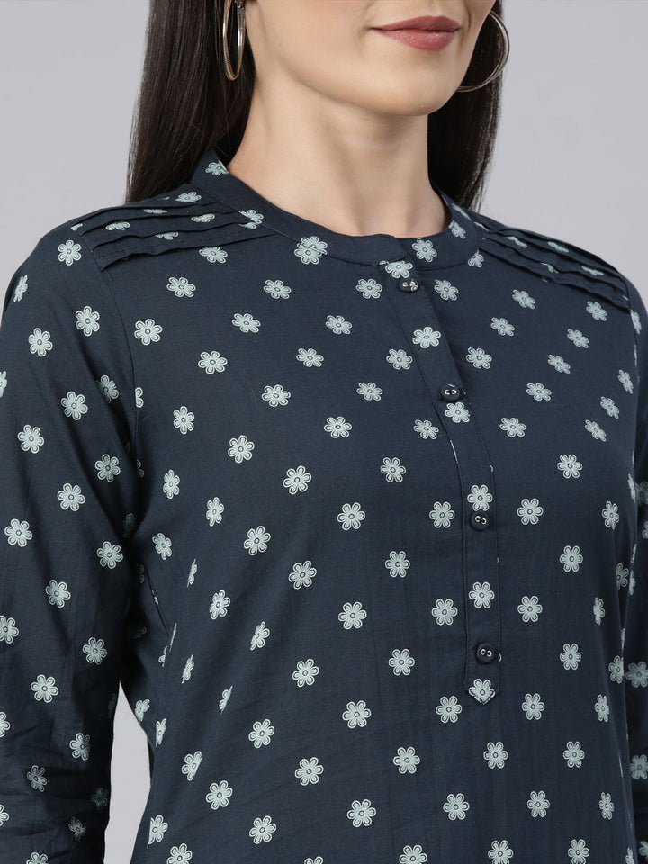 Neerus Blue cotton printed straight kurti panelled floral - detail view 2