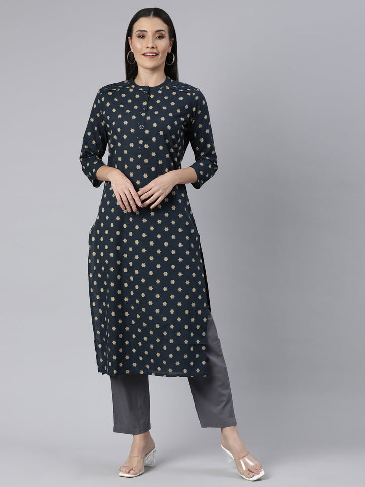 Neerus Yellow cotton printed floral straight kurti - front view