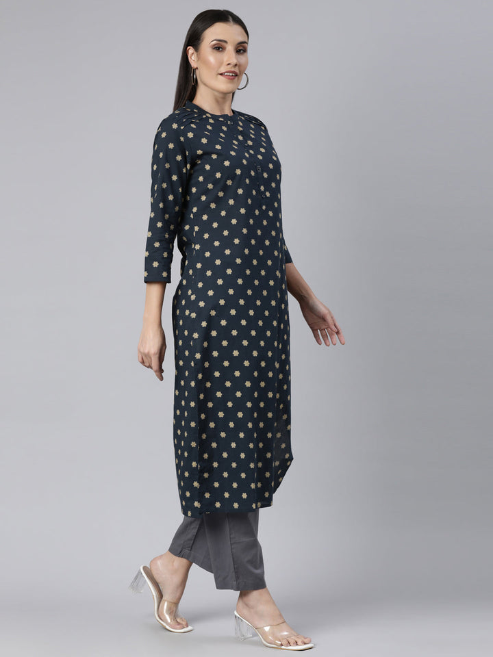 Neerus Yellow cotton printed floral straight kurti - back view