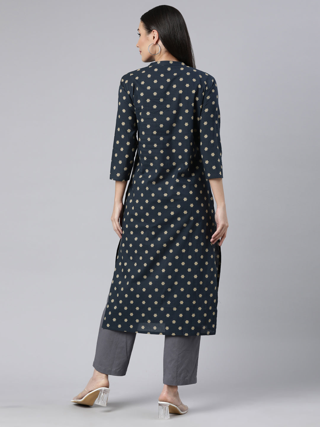 Neerus Yellow cotton printed floral straight kurti - side view